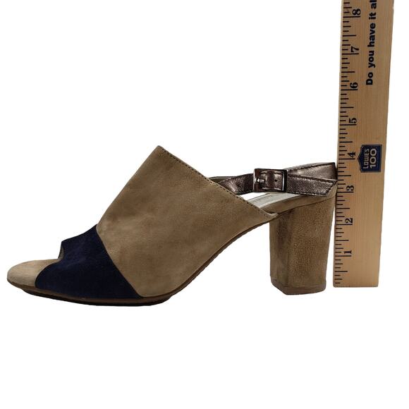 Eric Michael 10 Suede Leather Slingback Heels Womens Tan Black Block 3" Open Toe - Picture 10 of 11